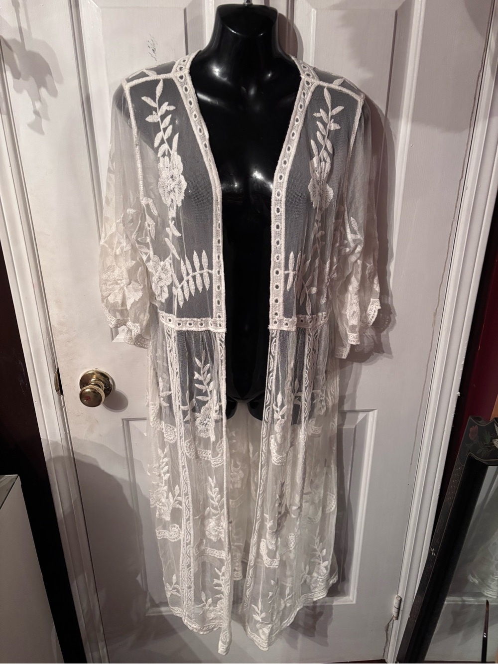 Rachel Zoe Ivory Sheer Floral Embroidered Duster Robe